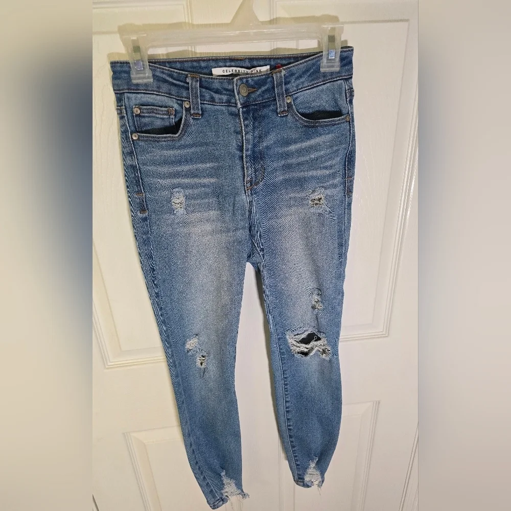 Celebrity Pink Womens Shredded Skinny Light Denim Blue Jeans Size 1